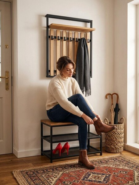 FLEXISTYLE Loft botník s lavicí černý široký dřevo dub čalouněný kov industriální styl