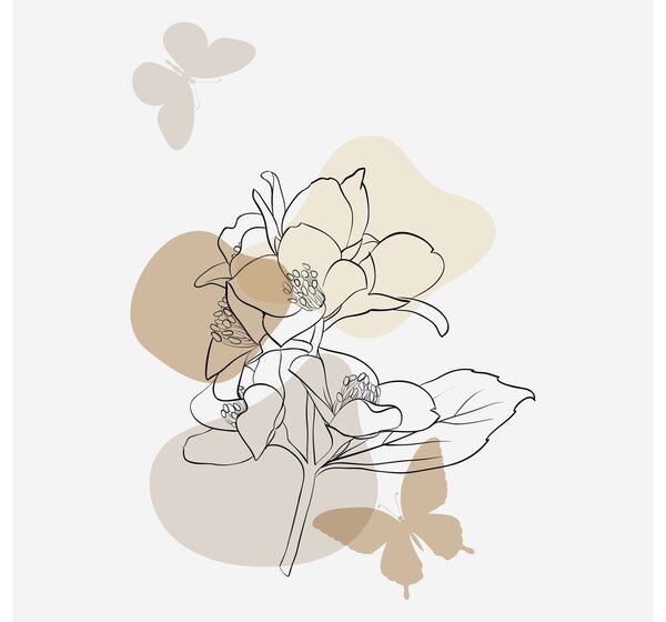 Obraz - Béžové květy s motýlem N⁰1 (30x30 cm)