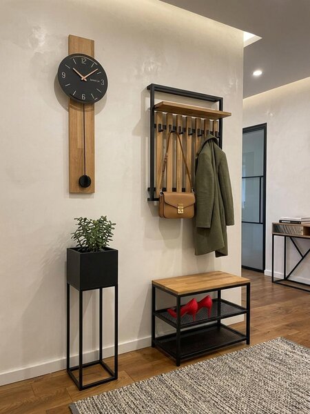 FLEXISTYLE Loft botník s lavicí černý široký dřevo dub čalouněný kov industriální styl