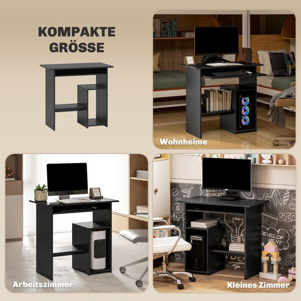 HOMCOM Stůl, 80 x 45 cm, Počítačový stůl, Kancelářský stůl s vysouvací držákem na klávesnici, Otevřené přihrádky a police, Dřevotřísková deska, pro do