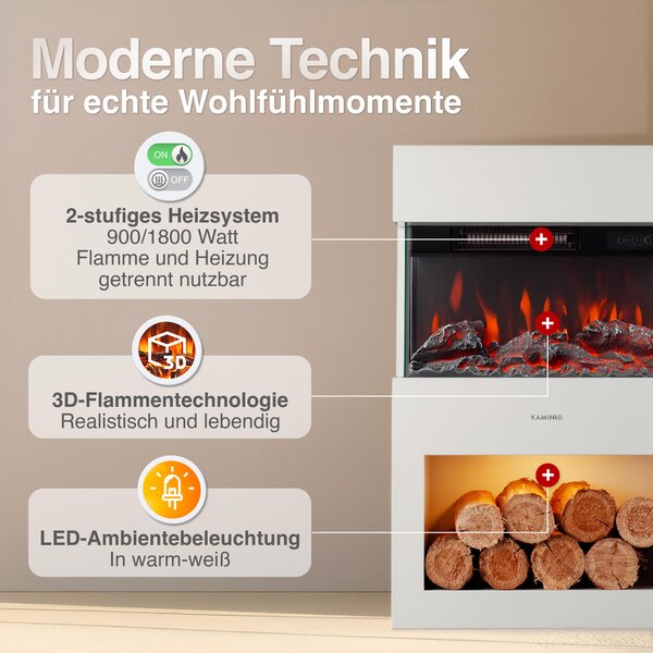 KAMINIO Elektrický krb HENRI – Elektrický krb s topením, 3D efektem plamenů, přihrádkou na dřevo, LED ambientním osvětlením, dálkovým ovládáním – bílý