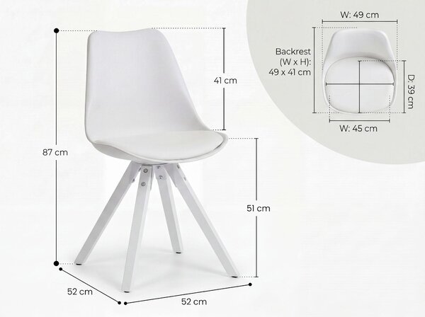 Finebuy, sada 2 ks, bílá retro jídelní židle s bílými nohami, čalouněná židle ve skandinávském stylu, opěradlo, kuchyňská židle, čalouněná umělou kůží