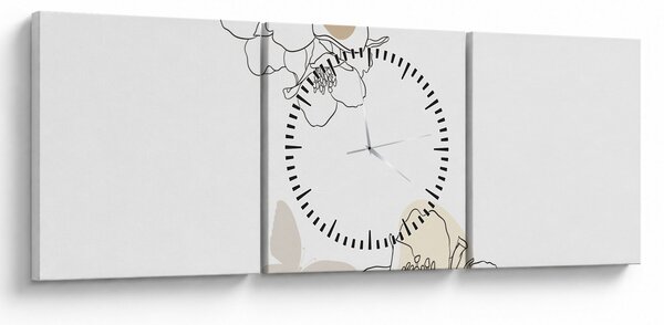 Obraz - Béžové květy s motýlem N⁰2 (s hodinami) (90x30 cm)