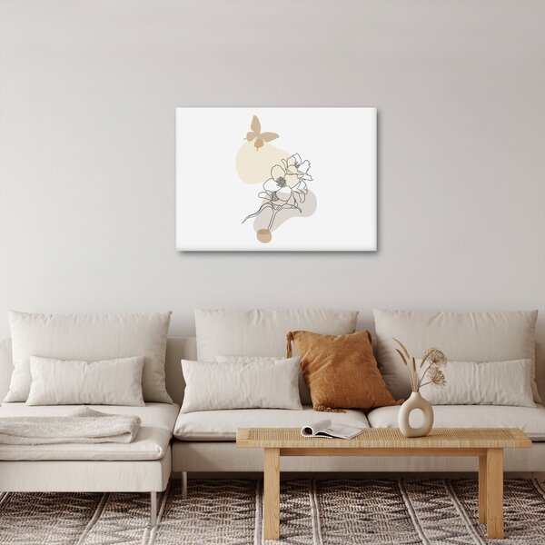 Obraz - Béžové květy s motýlem N⁰3 (70x50 cm)