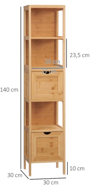 Kleankin koupelnová skříňka s 2 šuplíky, 3 policemi, úzká boční skříňka z bambusu pro koupelnu a obývací pokoj 30 x 30 x 140 cm přirozená | Aosom