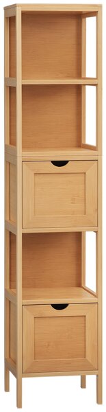 Kleankin koupelnová skříňka s 2 šuplíky, 3 policemi, úzká boční skříňka z bambusu pro koupelnu a obývací pokoj 30 x 30 x 140 cm přirozená | Aosom