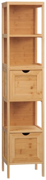 Kleankin koupelnová skříňka s 2 šuplíky, 3 policemi, úzká boční skříňka z bambusu pro koupelnu a obývací pokoj 30 x 30 x 140 cm přirozená | Aosom