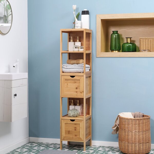 Kleankin koupelnová skříňka s 2 šuplíky, 3 policemi, úzká boční skříňka z bambusu pro koupelnu a obývací pokoj 30 x 30 x 140 cm přirozená | Aosom