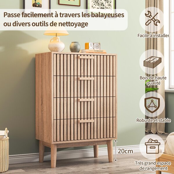 Moderní komoda ze dřeva a ratanu se 4 zásuvkami, multifunkční úložný nábytek do ložnice, obývacího pokoje, předsíně, elegantní a kompaktní design