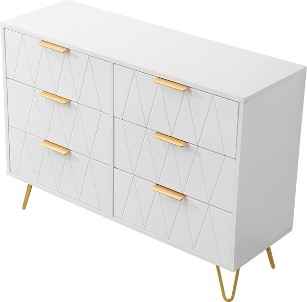 Nízký příborník se 6 zásuvkami - Komoda - MDF dřevo a zlacený kov - 100 x 34 x 73 cm - Bílá