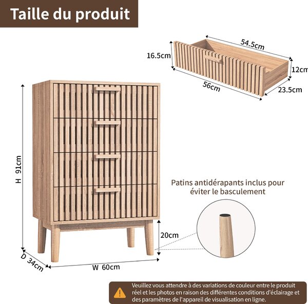 Moderní komoda ze dřeva a ratanu se 4 zásuvkami, multifunkční úložný nábytek do ložnice, obývacího pokoje, předsíně, elegantní a kompaktní design