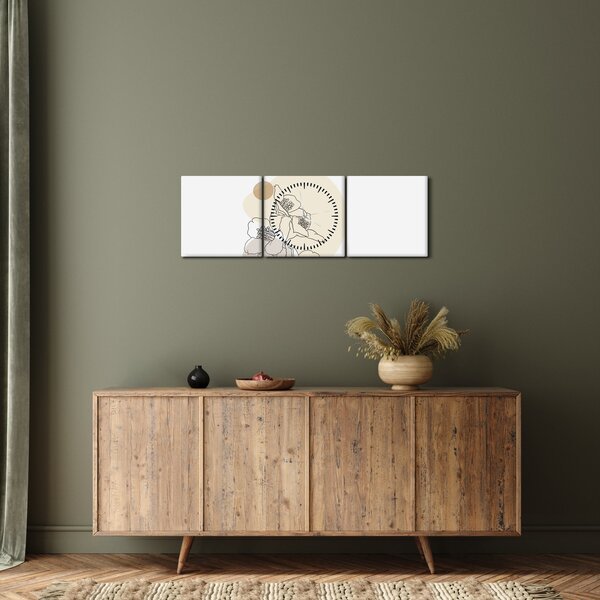 Obraz - Béžové květy s motýlem N⁰4 (s hodinami) (90x30 cm)