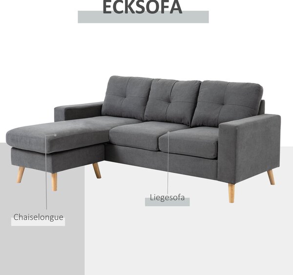 HOMCOM L-Šatní Pohovka z Látky, Sada S Látkovým Stylovým Čalouněním pro 3 Osoby s Chaise Longue, Rohová Pohovka do Obývacího Pokoje, Tmavě Šedá, 193 x