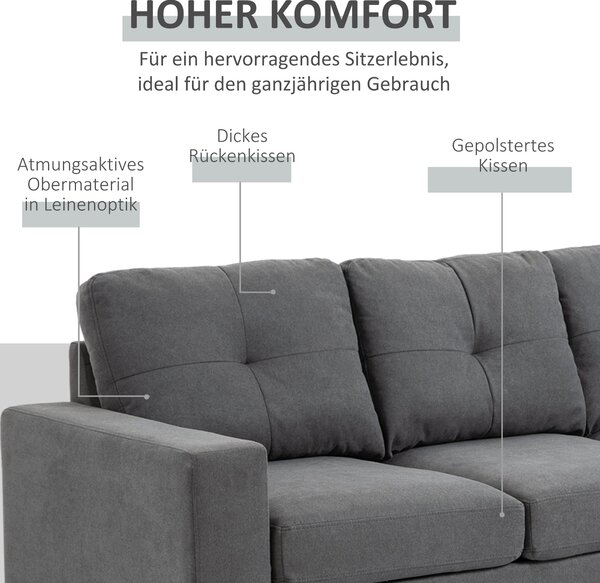 HOMCOM L-Šatní Pohovka z Látky, Sada S Látkovým Stylovým Čalouněním pro 3 Osoby s Chaise Longue, Rohová Pohovka do Obývacího Pokoje, Tmavě Šedá, 193 x