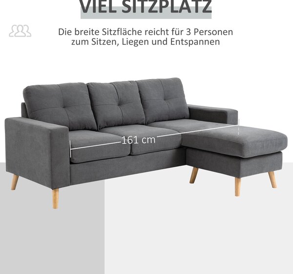 HOMCOM L-Šatní Pohovka z Látky, Sada S Látkovým Stylovým Čalouněním pro 3 Osoby s Chaise Longue, Rohová Pohovka do Obývacího Pokoje, Tmavě Šedá, 193 x