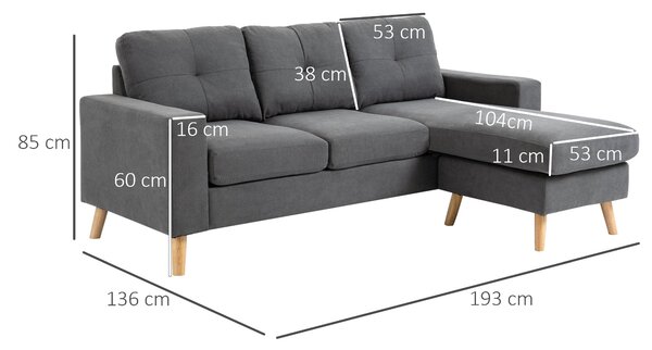 HOMCOM L-Šatní Pohovka z Látky, Sada S Látkovým Stylovým Čalouněním pro 3 Osoby s Chaise Longue, Rohová Pohovka do Obývacího Pokoje, Tmavě Šedá, 193 x
