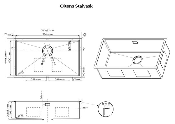Oltens Stalvask ocelový dřez 76x44 cm černá 71102300