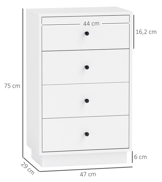 HOMCOM Komoda se 4 zásuvkami, skříň z dřevotřísky v moderním stylu, 47 x 29 x 75 cm, bílá | Aosom