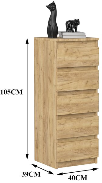 VBChome komoda s 5 zásuvkami 40 x 39 x 105 cm dub Bezúchytková zásuvková komoda víceúčelová skříňka do předsíně ložnice obývacího pokoje dětského pokoje