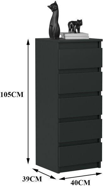 VBChome Komoda s 5 zásuvkami 40 x 39 x 105 cm černá Komoda bez úchytek Víceúčelová skříňka do předsíně Ložnice Obývací pokoj Dětský pokoj