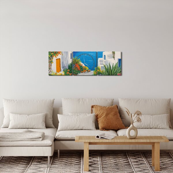 Obraz - Řecká ulička (s hodinami) (90x30 cm)