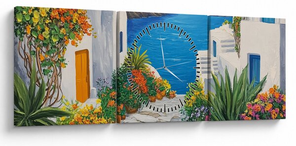 Obraz - Řecká ulička (s hodinami) (90x30 cm)