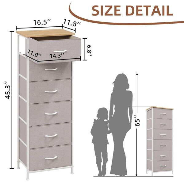 Komoda s šestim zásuvkami - zásuvky potažené látkou - barva: šedá - výška: 115 cm