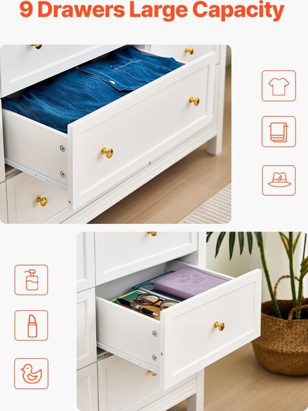 SucceBuy komoda s 9 zásuvkami, dřevěná skříňka s posuvem a ochranou proti překlopení, retro design pro všestranné použití jako TV stolek nebo organizér v obývacím pokoji, ložnici nebo předsíni (bílá)