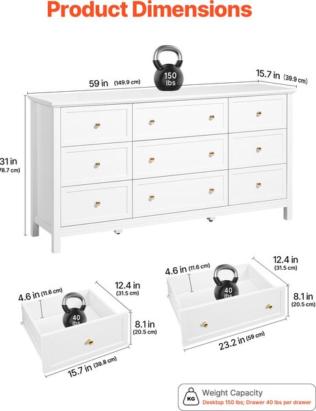 SucceBuy komoda s 9 zásuvkami, dřevěná skříňka s posuvem a ochranou proti překlopení, retro design pro všestranné použití jako TV stolek nebo organizér v obývacím pokoji, ložnici nebo předsíni (bílá)