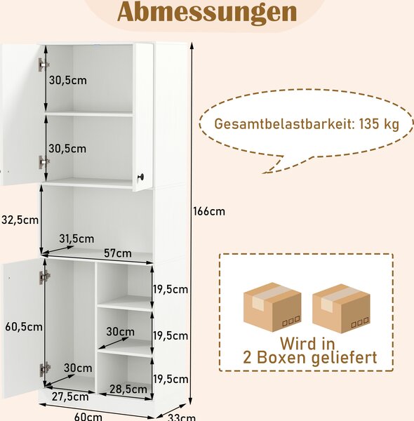 Kuchyňská skříňka COSTWAY 166 cm, bufetová skříňka se 3 dvířky a otevřenými policemi, vysoká kuchyňská skříňka s pracovní deskou, úložná skříňka bílá