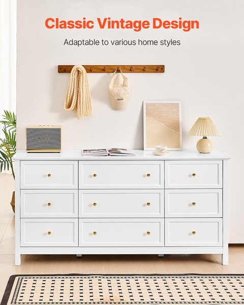 SucceBuy komoda s 9 zásuvkami, dřevěná skříňka s posuvem a ochranou proti překlopení, retro design pro všestranné použití jako TV stolek nebo organizér v obývacím pokoji, ložnici nebo předsíni (bílá)