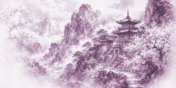 Fototapeta Obraz budovy na hoře, Fototapety s japonskou zahradou, Populární fototapety - Tapeko.co.cz