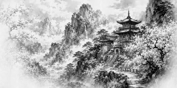 Fototapeta Obraz budovy na hoře, Fototapety s japonskou zahradou, Populární fototapety - Tapeko.co.cz