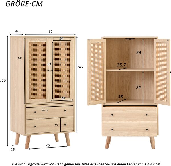 Flieks Komoda se 2 zásuvkami a 2 dvířky, ratanové skříňky do obývacího pokoje Stojací skříňka TV stolek 60x40x120cm