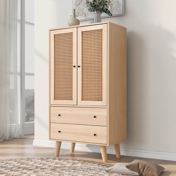 Flieks Komoda se 2 zásuvkami a 2 dvířky, ratanové skříňky do obývacího pokoje Stojací skříňka TV stolek 60x40x120cm