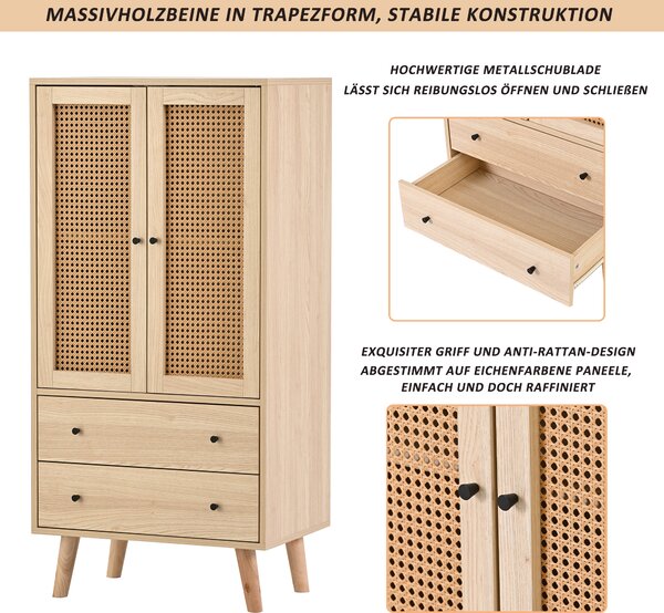 Flieks Komoda se 2 zásuvkami a 2 dvířky, ratanové skříňky do obývacího pokoje Stojací skříňka TV stolek 60x40x120cm