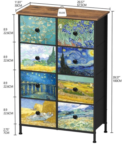 Komoda s motivem Van Gogh - Kovový rám - 8 zásuvek - 67 x 30 x 100 cm - Dřevěná deska