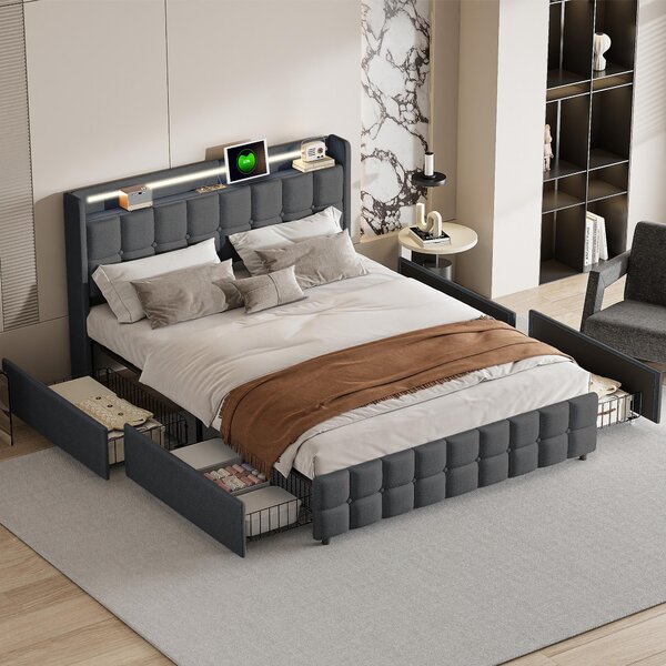 Postel se 4 zásuvkami 160x200 cm v šedém povlečení, LED čelo s integrovanými zásuvkami (USB), spousta úložného prostoru a elegantní design