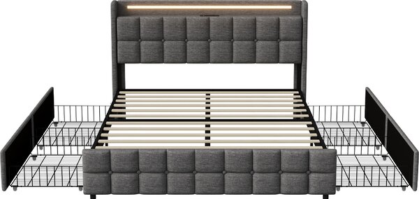 Postel se 4 zásuvkami 160x200 cm v šedém povlečení, LED čelo s integrovanými zásuvkami (USB), spousta úložného prostoru a elegantní design
