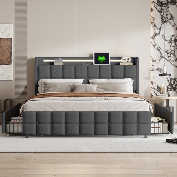 Postel se 4 zásuvkami 160x200 cm v šedém povlečení, LED čelo s integrovanými zásuvkami (USB), spousta úložného prostoru a elegantní design