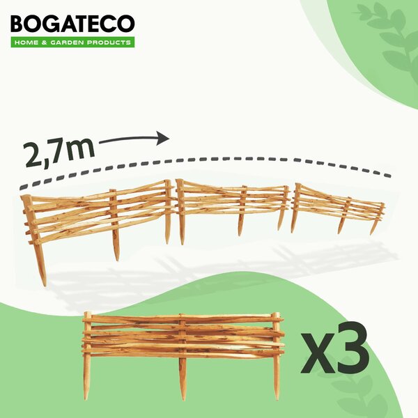 BOGATECO 3x zahradní plot z lískového dřeva 90 cm x 20 cm lemování záhonů lemování trávníku lemování záhonů dřevěné lemování záhonů plot | hnědý