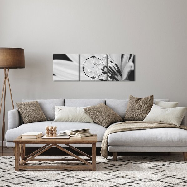 Obraz - Černobílá květina (s hodinami) (90x30 cm)