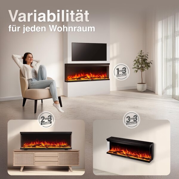 KAMINIO Elektrický krb LEA - Elektrický krb 3 v 1 s panoramatickým výhledem, topení, 3D efekt plamene, 12 barev plamene, dálkové ovládání - 50 palců