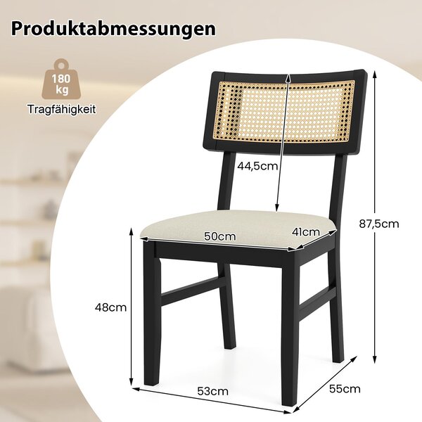 COSTWAY Jídelní židle Rattan, sada 2 ks, kuchyňské židle ze dřeva, jídelní židle s čalouněným sedákem, dřevěné židle do 180 kg pro jídelnu, kuchyň
