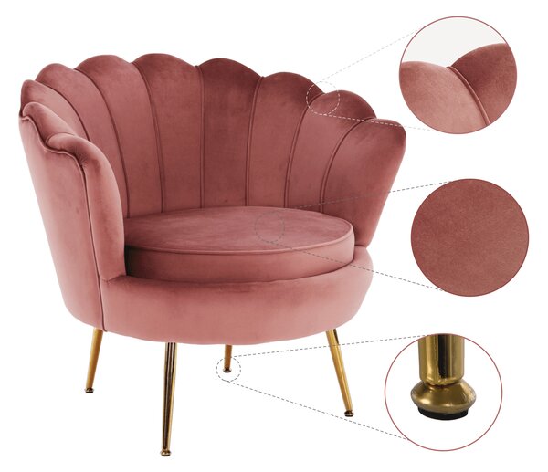 KONDELA Křeslo ve stylu Art-deco, růžová Velvet látka / gold chrom-zlatý, NOBLIN