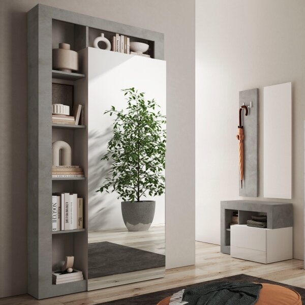 Šatní skříň se zrcadlem LENOR 91x209 x30 cm bílá/šedá beton