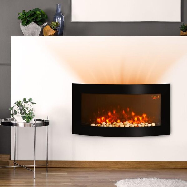 Elektrický krb Fortuna Lai s topením, nástěnný krb s LED efektem plamenů, 7 barev plamenů, 1000/2000 W, elektrický krb s časovačem, nastavitelný termostat, dekorativní krb s dálkovým ovládáním, černý, 89,2 cm