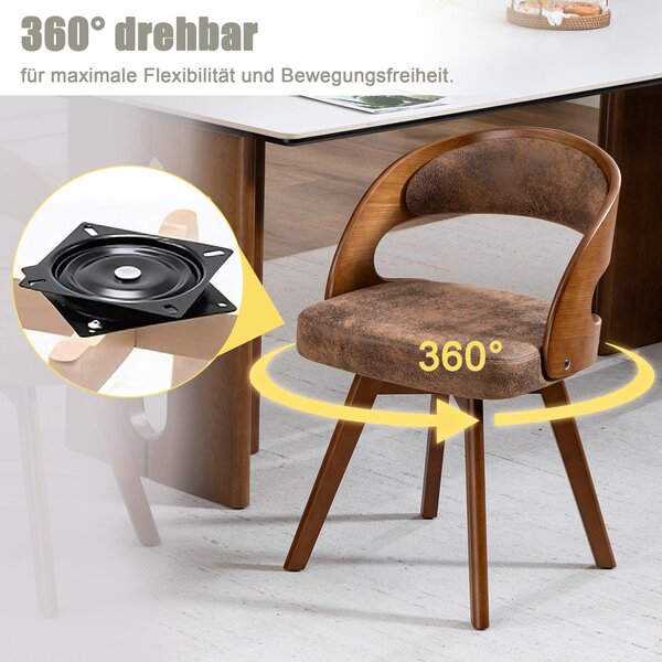 LVHOM, sada 2 ks otočných jídelních židlí (360°), čalouněné židle ve skandinávském stylu s bukovými nohami, ergonomické kuchyňské židle, kávově hnědé