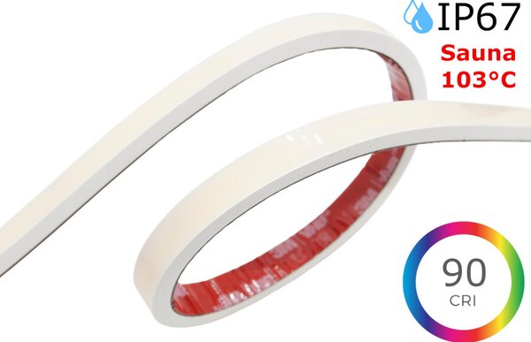 Voděodolný LED pásek do sauny 10W/m, 24V, IP67, 103°C, 480LED/m, CRI>90, 10mm Barva světla: Teplá bílá, 3000K