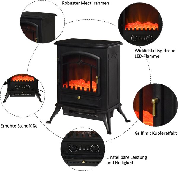 Elektrický krb Fortuna Lai s efektem plamenů 1000/2000 W, ochrana proti přehřátí, černý, 45 x 28 x 54 cm, pro útulnou atmosféru